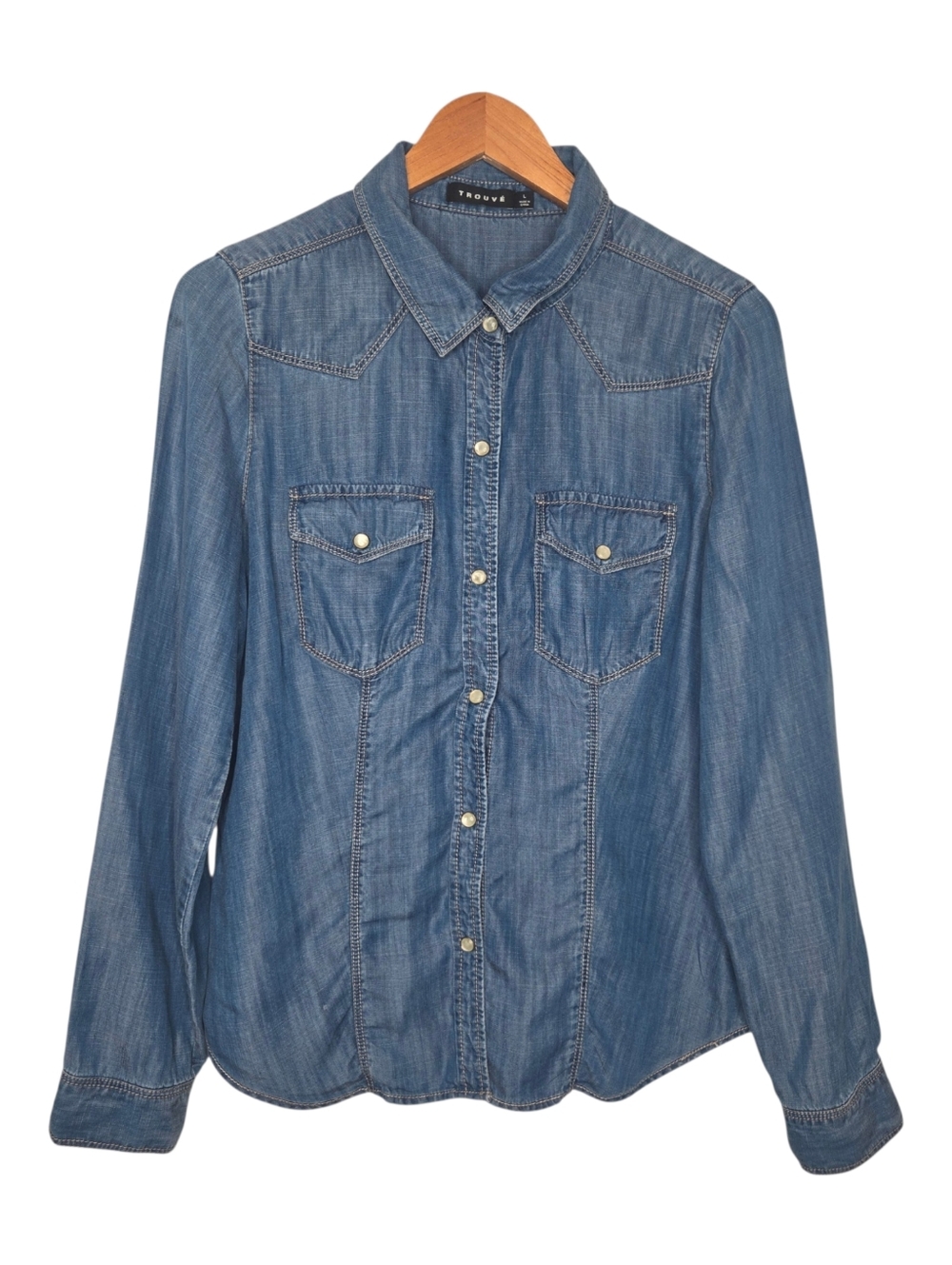 Trouve Womens Medium Wash Western Chambray Pearl Snap Shirt Size Large